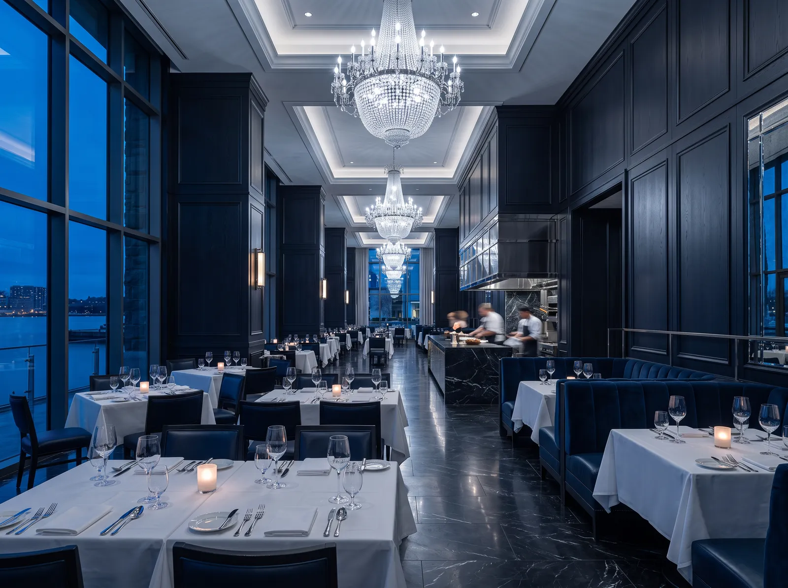 Candlelit tables and dark oak panelling at Silverline Chophouse